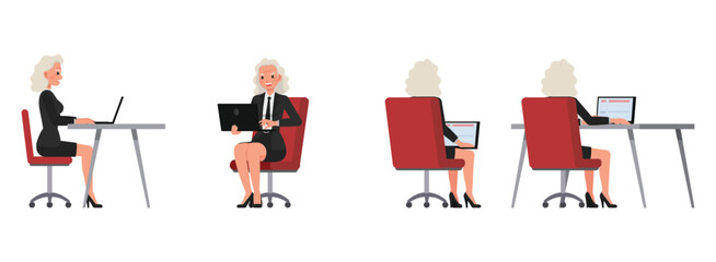 Senior businesswoman wear black suit and typing on a keyboard character vector illustration design set. Presentation in various action.
