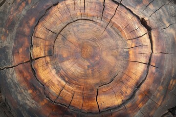 Detailed close up of a tree stump cross section showing growth rings and cracks