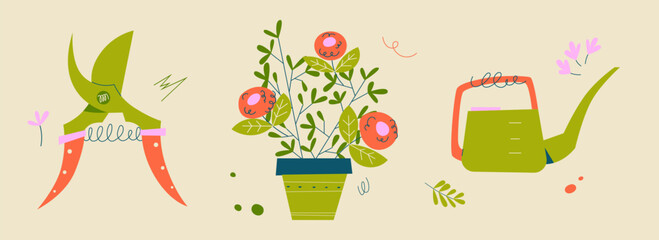 Flat vector illustration of gardening tools and flower pot. Includes pruner, watering can and blooming plant. Ideal for garden care and springtime visuals