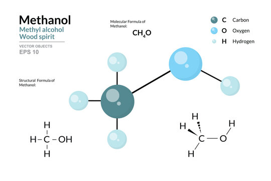 Methanol. Structural Chemical Formula and 3d Model of Molecule. CH4O. Atoms with Color Coding. Vector graphic Illustration for educational materials, scientific articles, and presentations