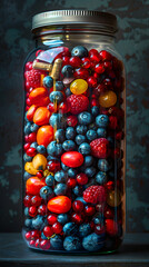 Assortment of fresh berries and fruit as antioxidants preserved in a glass jar