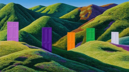 Colorful doors of opportunity nestled in a dreamy landscape representing choices options and future pathways