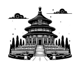 Temple of Heaven Architecture Icon Black and White Vector
