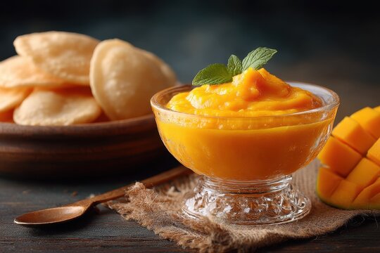 Aamras in copper bowl with puri on side &ndash; rich mango dessert served in Indian households during summer and special celebrations