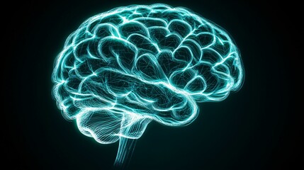 A 3D fractal mesh of electric blue and neon green wires looping into a brain-like structure, digital sparks showing thought evolution and emergent intelligence patterns