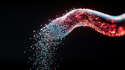 Fototapeta premium A cascading waterfall of digital symbols pouring through a tangle of fiber-optic strands, feeding into a luminous brain mesh symbolizing growth of consciousness