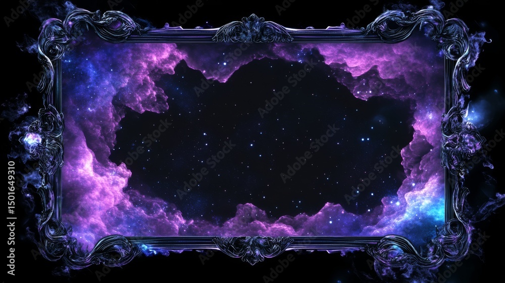 Wall mural galaxy-themed frame with glowing nebula clouds and star fields around the edges, deep space tones of