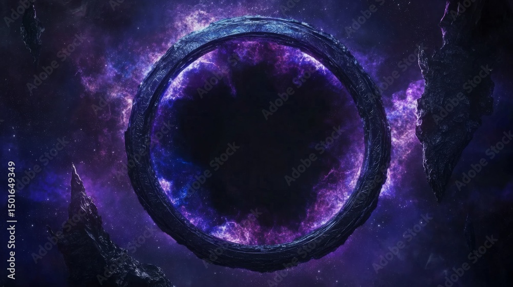 Wall mural galaxy-themed frame with glowing nebula clouds and star fields around the edges, deep space tones of