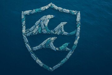 Ocean Protection Symbol Made from Plastic Waste on Water Surface