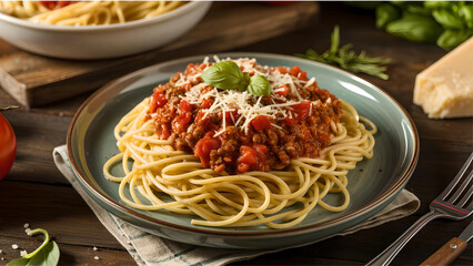 Spaghetti Bolognese with savory beef, tomato sauce, and parmesan on a plate, ready to serve.