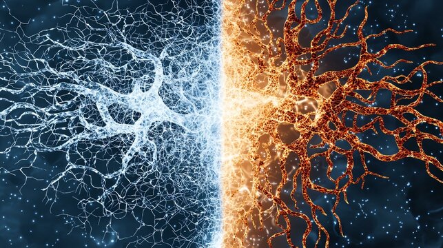 A split-screen concept showing organic neuron clusters morphing into digital circuits on the right, connected by a central web thread illustrating evolving consciousness