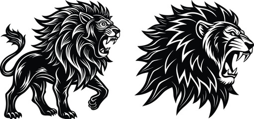 Majestic Lion Illustrations Roaring King of the Jungle in Black and White