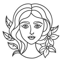 Bold Black and White Line Art Portrait of Young Woman with Floral Elements