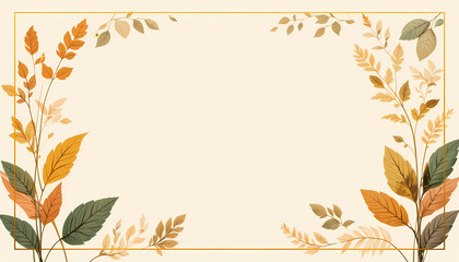 Elegant fall-themed background with hand-drawn autumn leaves in warm earthy tones. The illustration features a minimal frame of orange, brown, and beige foliage on a soft cream background, perfect for