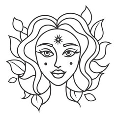Abstract Symmetrical Black and White Line Art Woman’s Face with Floral Elements