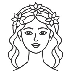 Elegant Black and White Line Art of Female Face with Floral Crown
