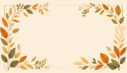 Elegant fall-themed background with hand-drawn autumn leaves in warm earthy tones. The illustration features a minimal frame of orange, brown, and beige foliage on a soft cream background, perfect for