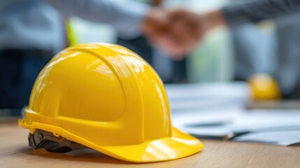 Close-up of yellow hard hat on table, blurred handshake between contractor and engineer behind, concept of teamwork and project kickoff at building site office