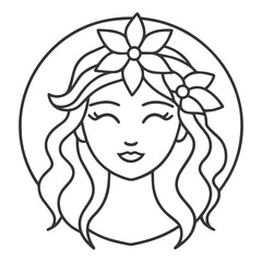 Minimalist Black and White Line Drawing of Woman with Floral Headpiece