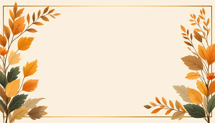 Elegant fall-themed background with hand-drawn autumn leaves in warm earthy tones. The illustration features a minimal frame of orange, brown, and beige foliage on a soft cream background, perfect for