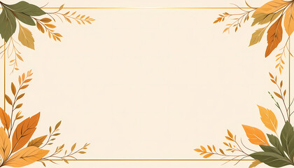 Elegant fall-themed background with hand-drawn autumn leaves in warm earthy tones. The illustration features a minimal frame of orange, brown, and beige foliage on a soft cream background, perfect for