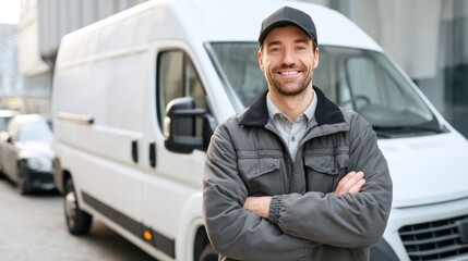 Confident delivery man in casual uniform standing proudly in front of white cargo van, arms crossed, bright daylight, concept of reliable and professional service