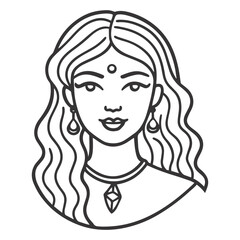 Minimalist Black and White Digital Portrait of Woman with Flowing Hair and Jewelry