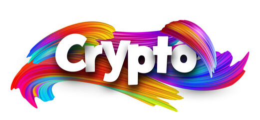 Bold Crypto lettering over colorful dynamic brush strokes, symbolizing digital finance and innovation. Vector illustration.