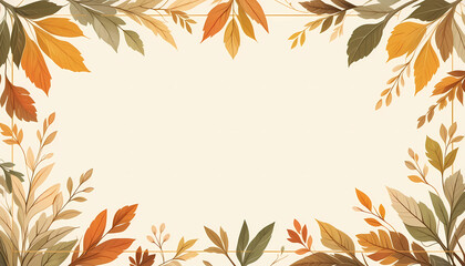 Elegant fall-themed background with hand-drawn autumn leaves in warm earthy tones. The illustration features a minimal frame of orange, brown, and beige foliage on a soft cream background, perfect for