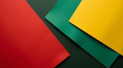 Abstract composition featuring red, green, and yellow paper sheets overlapping on a dark backdrop, creating contrast