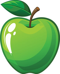 A vibrant illustration of a single green apple with a leaf