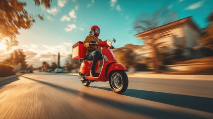 Obraz premium Dynamic shot of scooter courier with red delivery bag cruising through suburban road, clear sky and warm light, fast last-mile food delivery concept