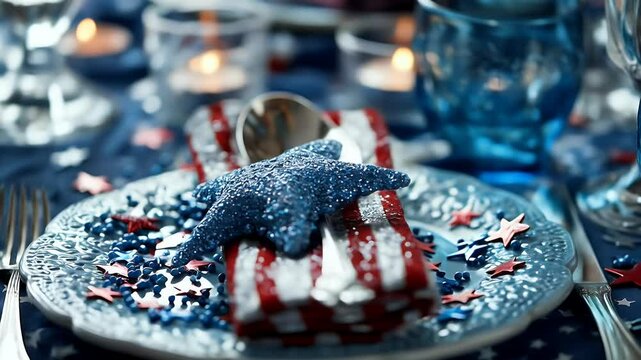 Festive table setting with red white and blue decorations