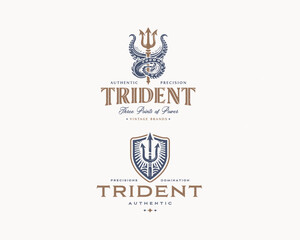 Vintage classic god trident deep sea for tattoo, seafood or sea product logo template