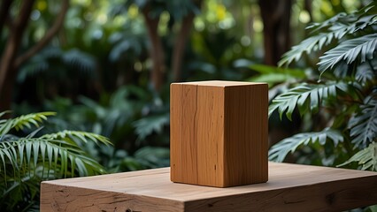 A simple wooden block placed on a wooden surface with green foliage background