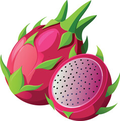 Vibrant illustration of a whole and halved dragon fruit with green spines