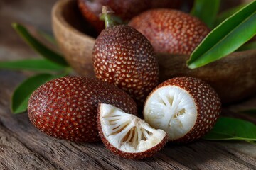 Close-up shot of fresh, ripe snake fruit with one cut open on a wooden surface.