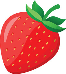 A vibrant illustration of a single ripe strawberry with green leaves