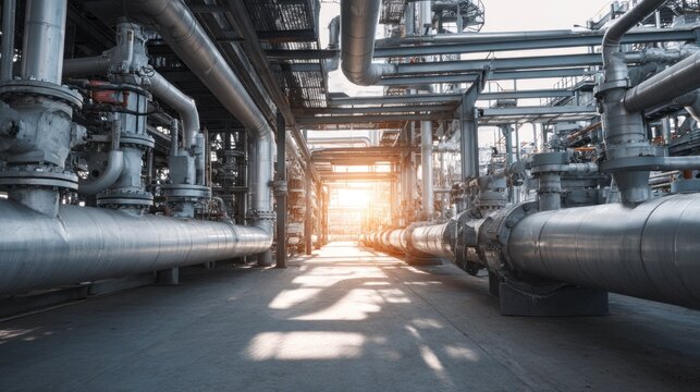Gas and oil processing plant with complex steel pipe systems, high-pressure valves and heat exchange units, sunlight casting shadows on metallic structures
