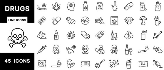 Drugs Line Icons – Prescription Medication, Illicit Substances, Capsules, Pills, Injectables, Smoking, Overdose, Abuse Warning, Psychedelics, and Drug Use Set