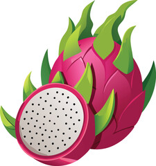 Vibrant illustration of a dragon fruit halved showing its white flesh with black seeds and green spiky exterior
