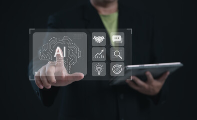 A digital specialist touches a virtual AI brain interface on a transparent screen while holding a tablet, representing artificial intelligence, innovation, analytics, and smart business tools.