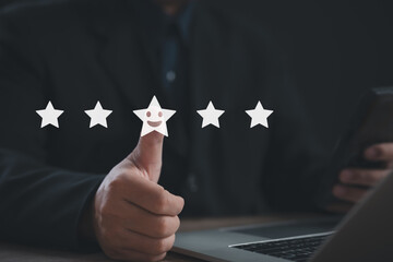 An office worker gives a five-star rating using a thumbs-up gesture on a glowing review interface,...