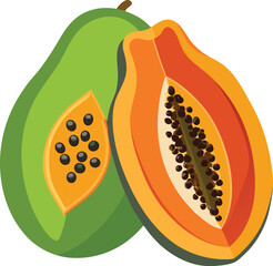 Vibrant illustration of a whole and halved papaya fruit displaying its seeds and flesh