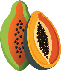 Vibrant illustration of two papaya halves showing seeds and flesh