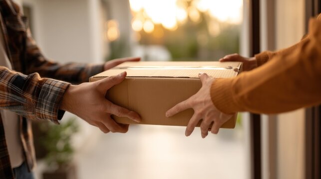 Hands of female customer and male deliveryman during parcel handoff, natural daylight, modern home entrance in background, smooth logistics interaction