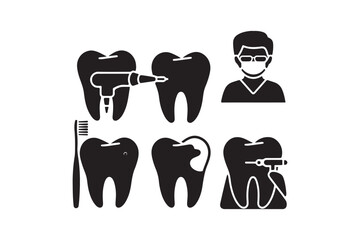 Dental Care Icons Set Tooth Treatment, Cavity, Cleaning, Dentist Tools Illustration