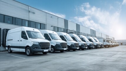 High-resolution image of logistics vehicles parked outside warehouse, labeled for delivery, white cargo vans and trucks under clear blue sky, professional fleet concept