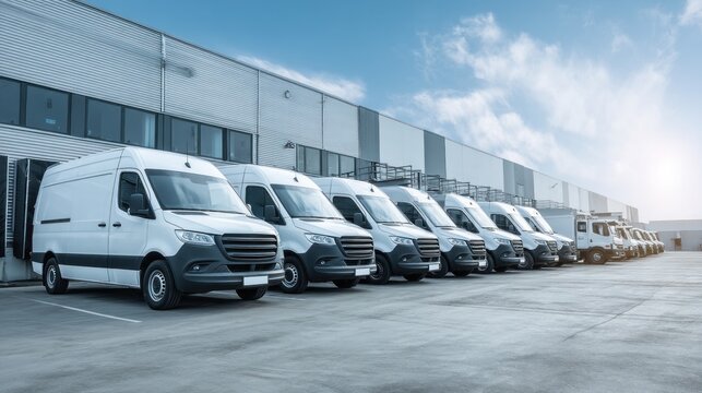 High-resolution image of logistics vehicles parked outside warehouse, labeled for delivery, white cargo vans and trucks under clear blue sky, professional fleet concept