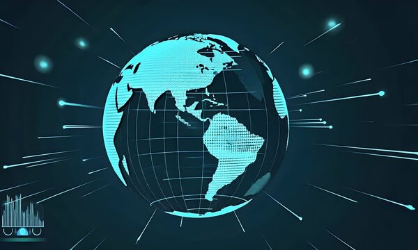 A digital globe with binary code and data streams, symbolizing technology and global connectivity.